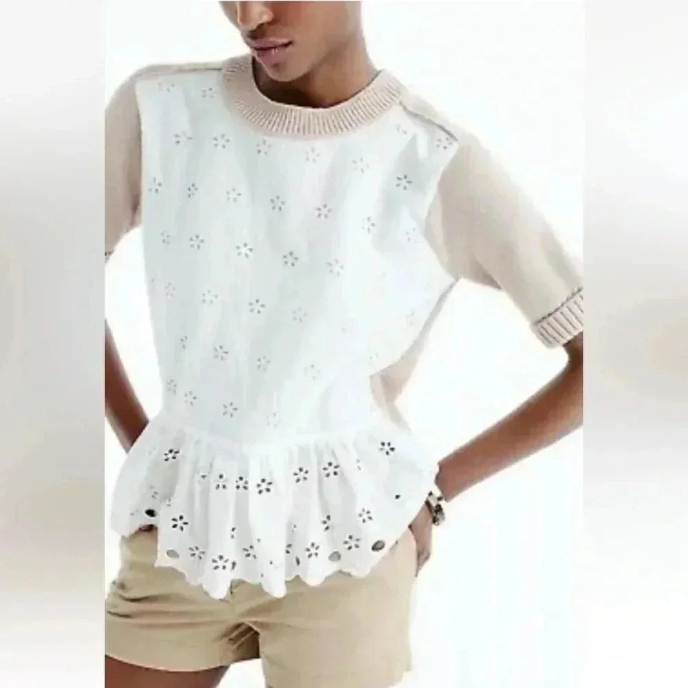 J. Crew Y2K Cottagecore Peplum Eyelet Sweater Short Sleeves Ivory Beige Size XXS